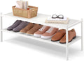 Smiry Bamboo Long Shoe Rack, 2 Tier Shoe Organizer for Entryway & Closet, Stackable Free Standing Storage Shelf for Shoes, Bags & Plants, White