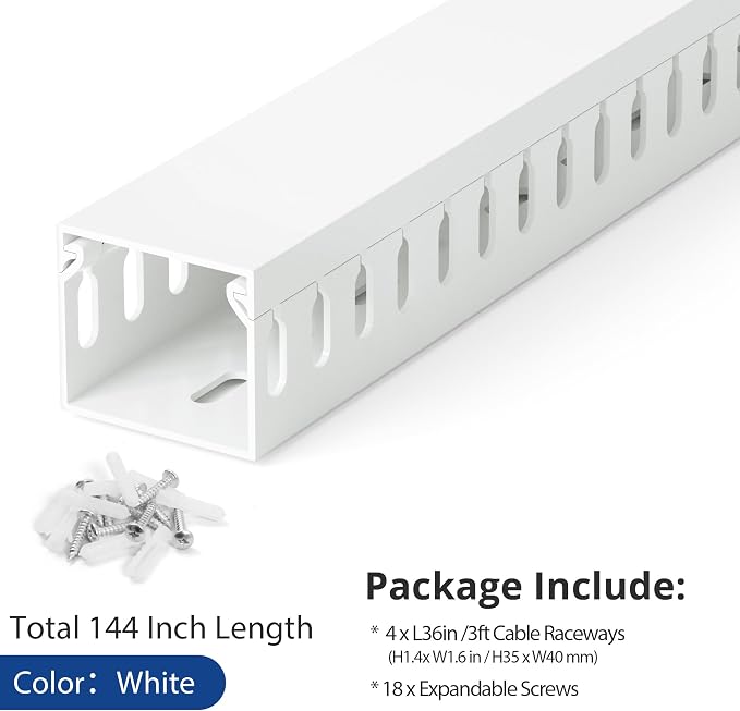 1.4"H x 1.6"W Cable Raceway, 12ft Under Desk Wire Management Channel, White | Slotted Wire Duct, 4 Pack (3 ft Each), Heavy-Duty PVC Cable Management for Server Racks, Network Cables & Electrical Cabinets