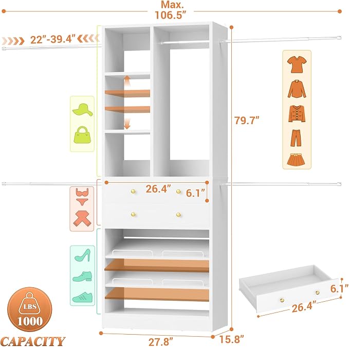 Besiost Closet System, 4.2–8.8 FT Closet Organizer with 2 Wooden Drawers and Shelves, Walk-in Closet System with Hanging Rods, Built-in Closet Tower, Can Fit 60 to 96 inch, White