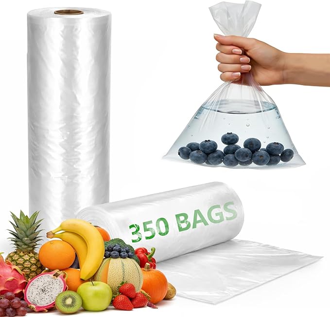 9527 Product 12" x 16" Clear Plastic Produce Bag, Food Storage Bag on a Roll, 350 Bags One Roll (2 Rolls), Freeze/Heat Clear Bag for Bread, Meat, Vegetables, Fruits