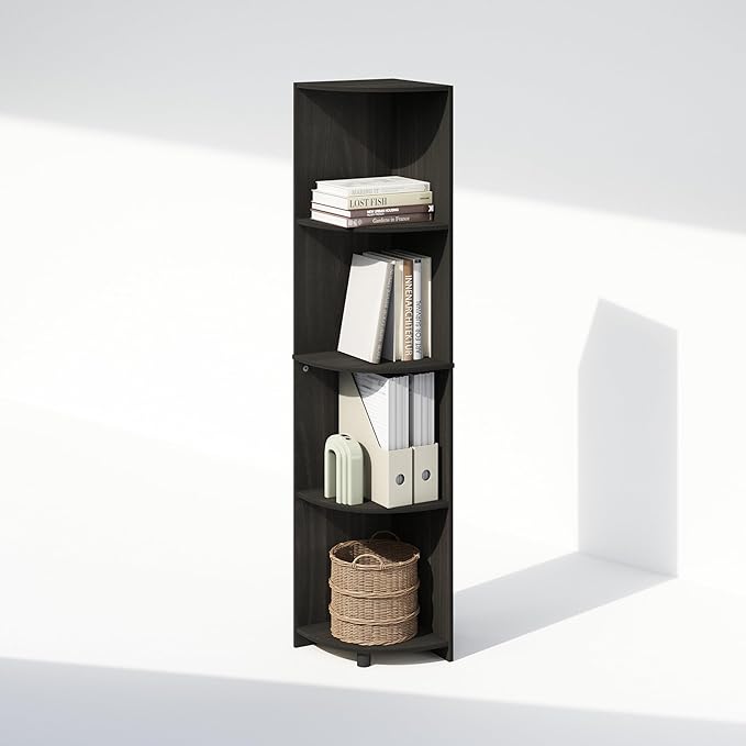 Furinno Basic Book Shelf, 4-Tier Bookshelf, Bookcase with Corner Shelf, 12 x 12 x 57.1, for Living Room, Bedroom, Home Office, Espresso