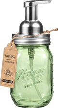 Amolliar Green Glass Mason Jar Foaming Soap Dispenser, 16OZ Hand Soap Dispenser, Plastic Pump & Stainless Steel Lid & Lable, Kitchen Dish Soap Bathroom Accessories Set, Soap Pump Bottle, Silver 1 Pack
