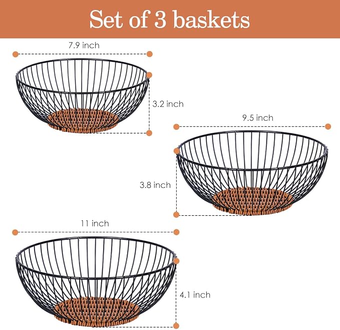 Set of 3 Stackable Metal Mesh Fruit Basket Bowl, Round Rust-Proof Breathable Wire Storage Organizer, Non-Slip Decorative Produce Holder for Kitchen Countertop, Store Fruits Veggies Snacks, Black