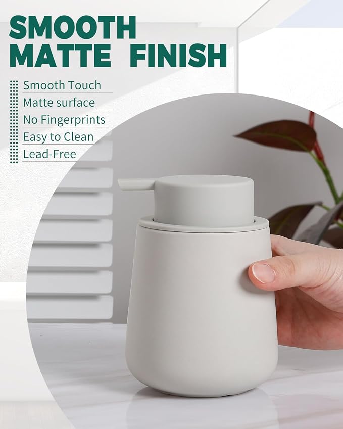 Bosilunlife 12Oz Ceramic Foam Soap Dispenser for Bathroom Kitchen Counter | Premium countertop foam pump creates delicate dense foam, stable desktop placement, Matte Light Grey