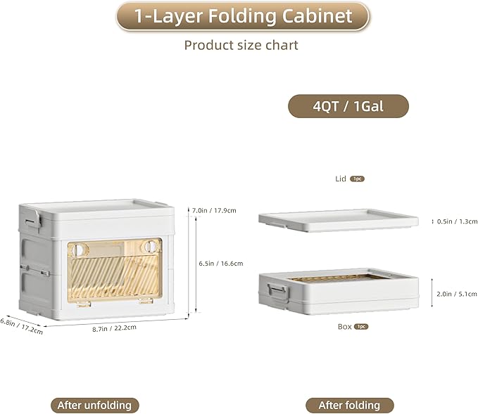 4 QT / 1 Gal Foldable Storage Cabinet with Clear Double Doors Organizer, Transparent Front & Back, Pull to Setup, Rolling Storage Bin for Closet/Living Room