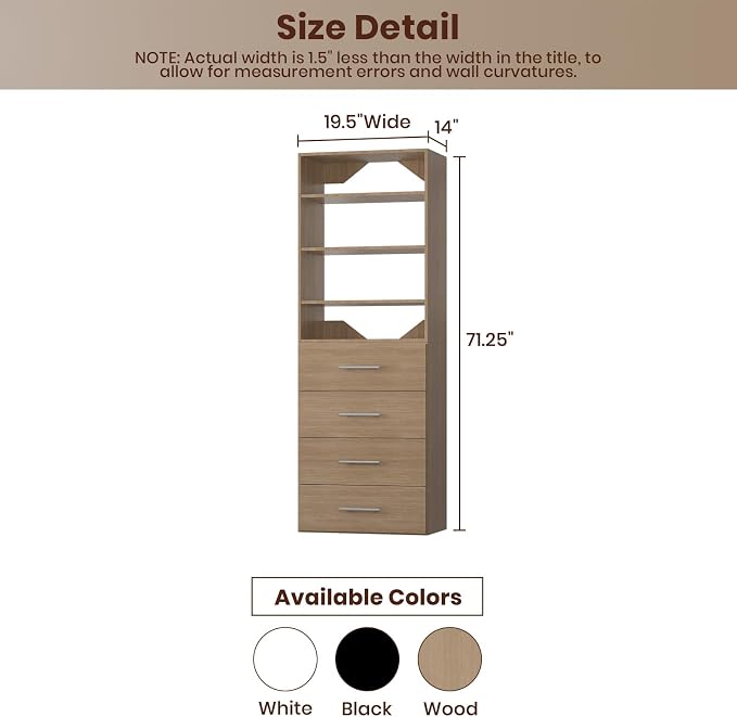 ROOMTEC Modular Closet System, 19.5" 4 Drawer Shelf Closet Tower Wall-Mounted Closet Organizer, Wooden Tower for Walk-In Closets, Wardrobe Storage Kit, Wood
