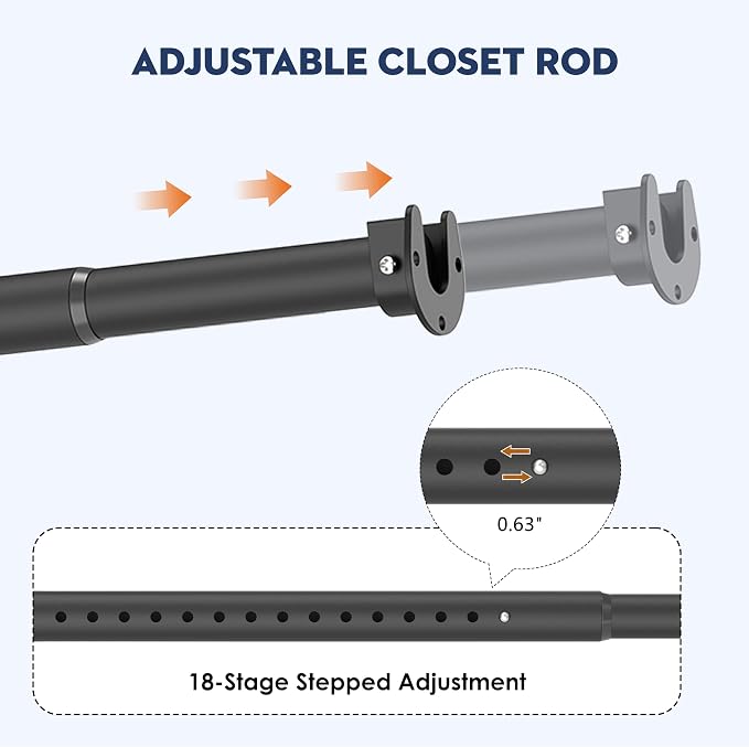 Heavy Duty Closet Rod, Adjustable 17-74 in, 1.3" Diameter | Black, Metal, Suitable for Wardrobes, Bathrooms, Laundry Room, RV