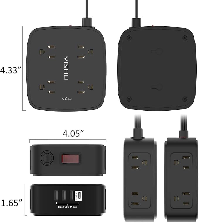 6 Ft Surge Protector Power Strip - YISHU 8 Widely Outlets with 4 USB Ports, 3 Side Outlet Extender with 6 Feet Flat Extension Cord, Ultra Flat Plug, Wall Mount, Desk USB Charging Station, ETL, Black