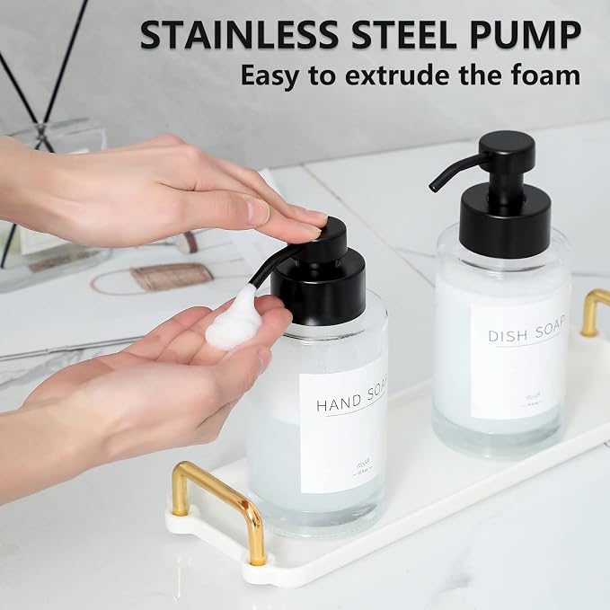 Glass Foaming Soap Dispenser Set with 304 Stainless Steel Pump 12oz Clear | Rust Proof Black Pump, Sturdy, Empty Foam Bottle with Waterproof Labels for Bathroom Decor Kitchen Colleage Dorm