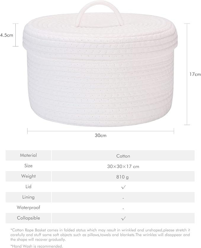 Sea Team Round Cotton Rope Storage Basket with Lid, Lidded Woven Storage Bin, Nursery Storage Container, Diaper Caddy, Baby Shower Basket, Box, Organizer, 11.8 x 11.8 x 6.7 Inches (Medium, White)
