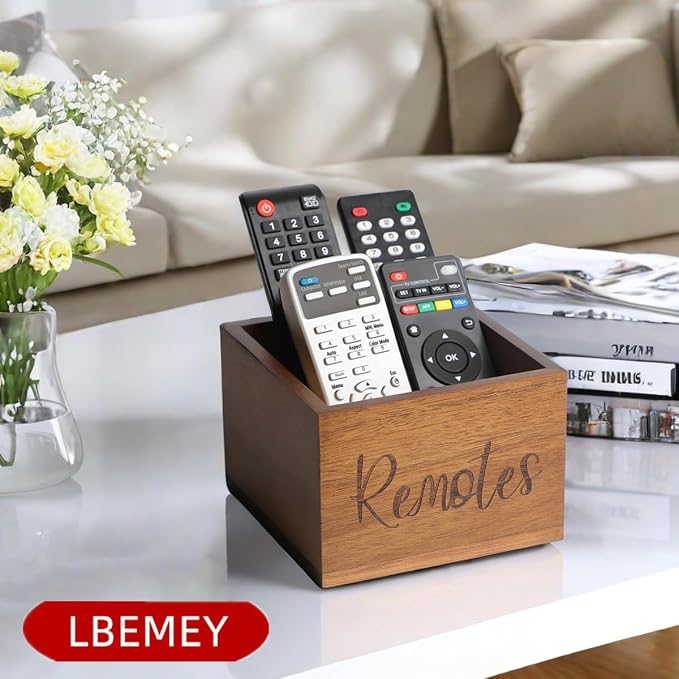 LBEMEY Acacia Wood Remote Control Holder Caddy, TV Organizer for Table, Vintage Farmhouse Desk Caddy (Brown for 3+ Controls)