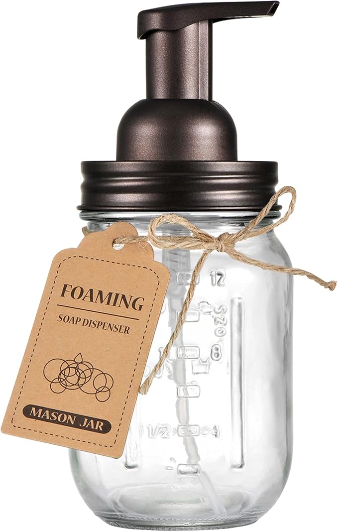 SheeChung Mason Jar Foaming Soap Dispenser-Rustproof Stainless Steel Lid & Foaming Soap Pump, Refill Foam Hand Soap Dispenser Glass for Bathroom Kitchen Vanities, Countertops-Bronze (1 pk)