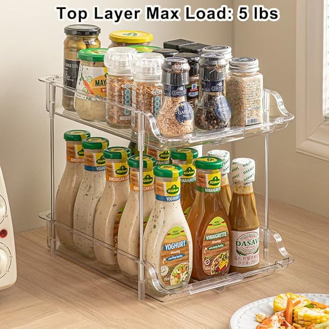 Expandable Cabinet Organizer Shelf, 2-Tier kitchen Counter Organization Shelves, Spice Rack,Clear Plastic Countertop Storage Rack for Makeup, Pantry, Cupboard, Bathroom, Desk Organization