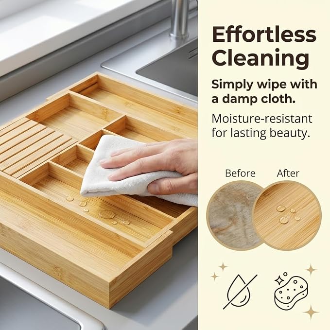 FUSHITON Expandable Bamboo Utensil Organizer with Built-In Knife Block, 7 Compartments, Adjustable Drawer Divider for Kitchen
