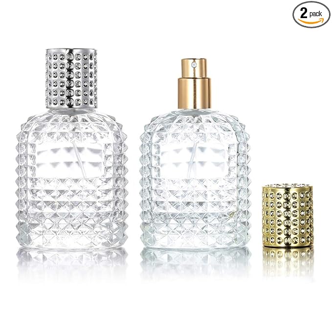 2 Pack 50ml Thick Empty Clear Glass Fine Mist Spray Luxury Refillable Perfume Bottles Atomizer Spray Bottle with 4 kinds of perfume dispenser (Silver cap and Gold cap)