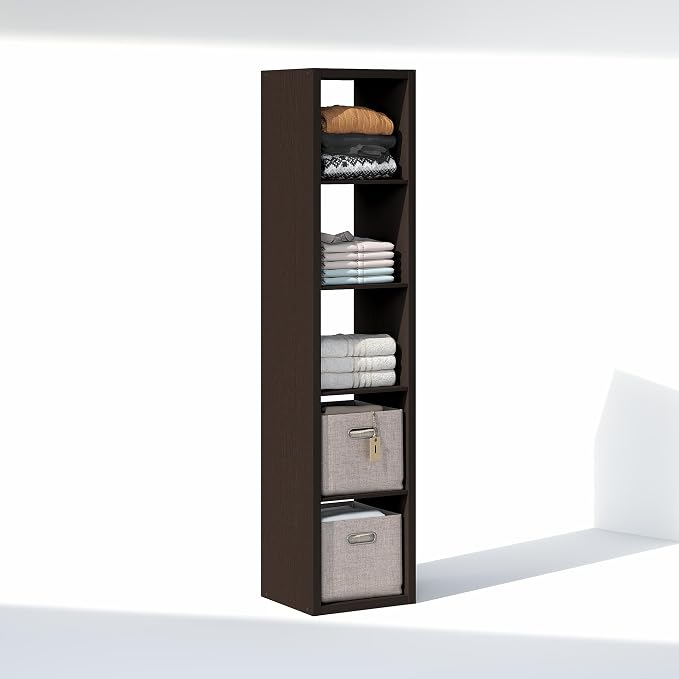 Furinno Cubic Extra Thick 5-Cube Closet Organizers and Storage, Dark Oak | 14.6 x 16 x 72 in, Open Shelf Closet Storage, Closet Organizer, for Wardrobe, Bedroom, Living Room