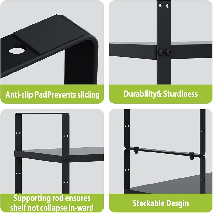 Expandable Cabinet Shelf Organizer Rack, Stackable Kitchen Counter Storage Shelves Stand, Adjustable Height Pantry Shelf Spice Rack (Black-2 Pack, 8.7" D x 15.4-26.8" W x 9.8" H)