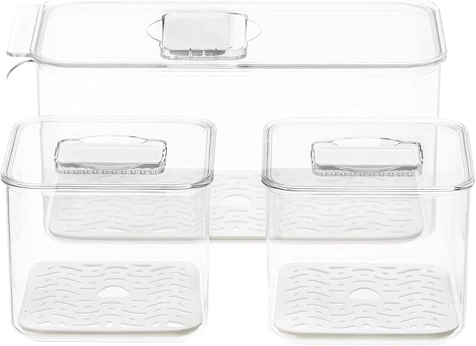 Slideep Food Storage Containers Produce Saver with Lids, Stackable Refrigerator Freezer Organizer Bins with Removable Drain Tray, Fridge Fresh Keeper for Veggie, Berry, Fruits, Vegetables 3 Pack