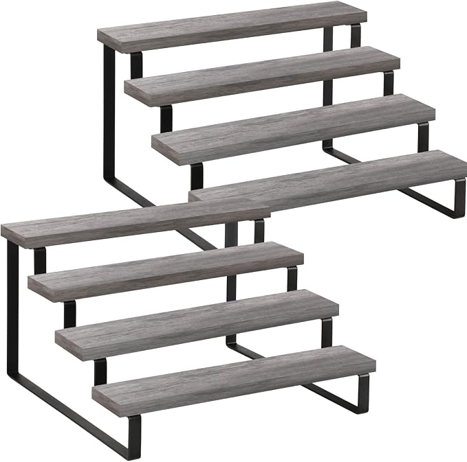 YINMIT Wooden Display Riser Stand, Tiered Perfume and Cologne Organizer Stand, 4 Tier Spice Rack Organizer, Rustic Display Shelf for Candles (4 Tier,2Pack,Grey)