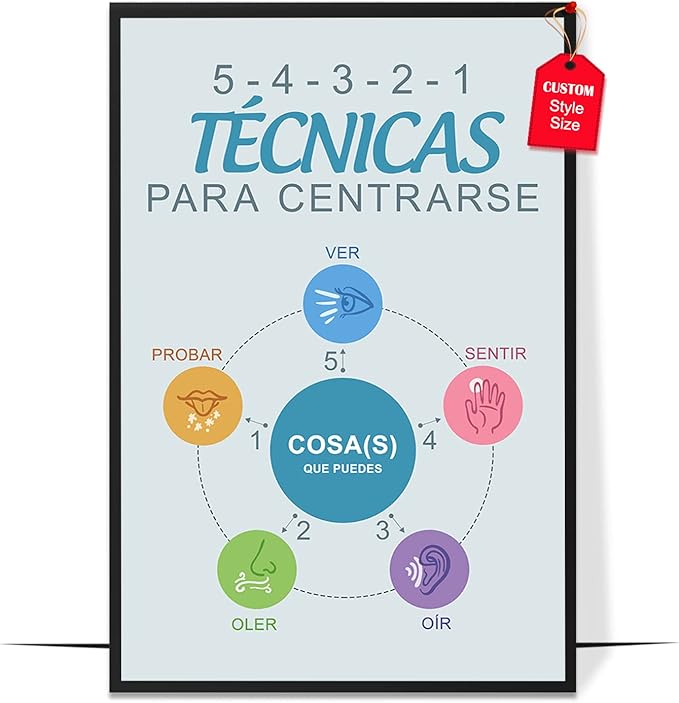 LOLUIS Mental Health Poster, La Salud Mental Spanish Learning Tools Educational Supplies Art Print (Técnicas Para Centrarse, Custom Frame Type)