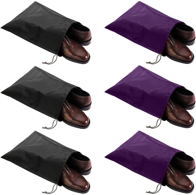 6 Pack Waterproof Nylon Shoe Bags Travel Bags for Men Women (Black+Purple, 15.1"(L) x12.2"(W))