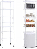 5tier over Fridge Shelf for Dorm with Wheels 90.5 Tall Fridge Shelf White | Adjustable Height Storage Shelf Metal Rack Hooks PP Shelf Liners Anti Tip Kits for Dorm Kitchen Laundry College Pantry