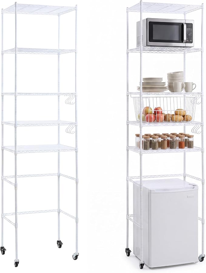 5tier over Fridge Shelf for Dorm with Wheels 90.5 Tall Fridge Shelf White | Adjustable Height Storage Shelf Metal Rack Hooks PP Shelf Liners Anti Tip Kits for Dorm Kitchen Laundry College Pantry
