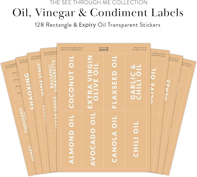 SAVVY & SORTED Oil Vinegar and Condiment Labels, 128 Preprinted Pantry Stickers for Oil Dispenser Bottles, Salad Dresssing Jars, Waterproof Removable Organizing Kitchen Bottle