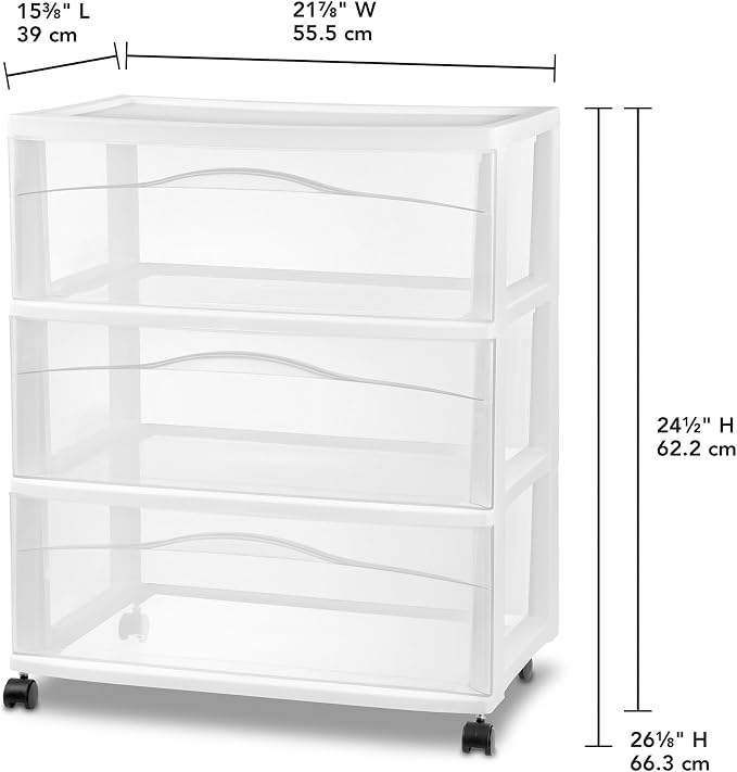 Sterilite 4 Pack Wide 3 Drawer Storage Cart, Plastic Organizer with Wheels, White - Multipurpose Bin for Clothes, Accessories, or Home Accessories