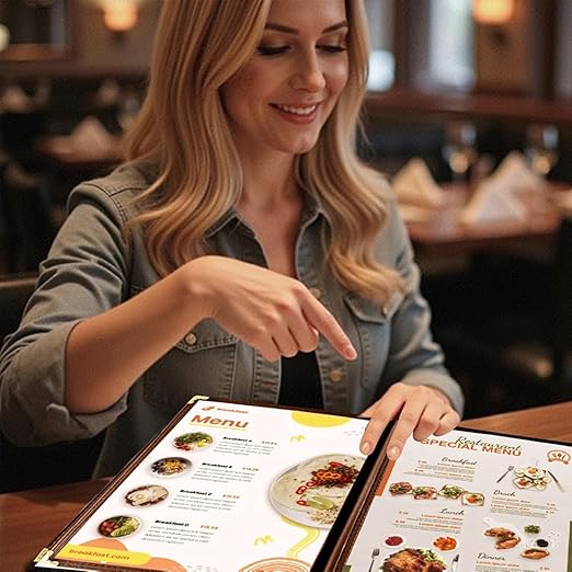 Goodsmart Restaurant Menu Covers – 25 Pack Burgundy 6-View Booklet 5.5" x 8.5", Side-Loading Vinyl & Plastic Menu Holders, Clear Menu Sleeves, Leather-Style Café Covers with Gold Corners