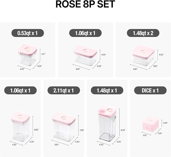 VAKUEN Premium Airtight Food Storage Containers ROSE 8P/SET, 6pcs Container, 1pcs Water Pitcher and Vacuum Sealer. Patented Double Silicone Lining, 100% Leak Proof, BPA-FREE