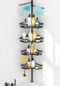 KEGII Shower Caddy Tension Pole with 2 Towel Bars, Corner Shower Organizer Shelves for Bathtub Shampoo Storage, Adjustable Shower Tension Rod with Razor Holder & Hooks