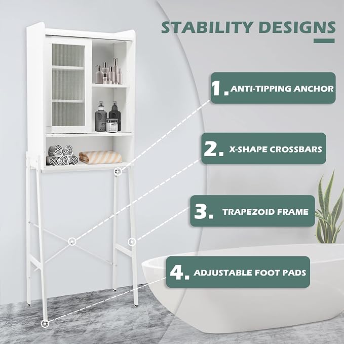 SUNTAGE Over Toilet Storage Cabinet Organizer for Bathroom, Over Toilet Shelf, Freestanding Space Saver with Adjustable Shelves, Acrylic Sliding Door, Wide Open Shelf, 2 Hooks, Classic White
