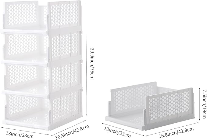 Pull-out Plastic Storage Basket,Stackable Closet Organizers Drawer Anti-Tipping, Reinforced Stable Shelf Container for Bathroom Laundry Room Storage, Space-Saving Clothes Storage (white, Large-4pcs)
