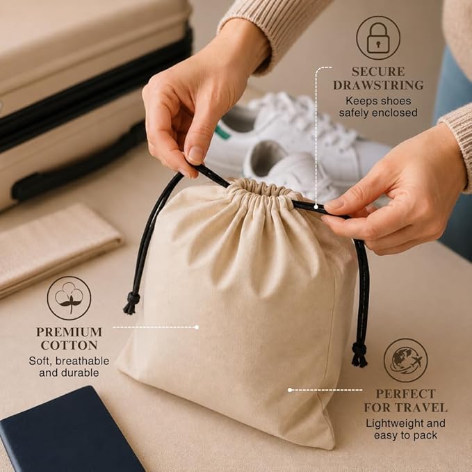 3 Pack Shoe Bags for Travel, Drawstring Portable Shoe Bags for Storage, Travel Essential Cotton Footwear Laundry Bag For Men & Women, Dustproof Reusable Organizer Bags for Sneakers: 15"x12"