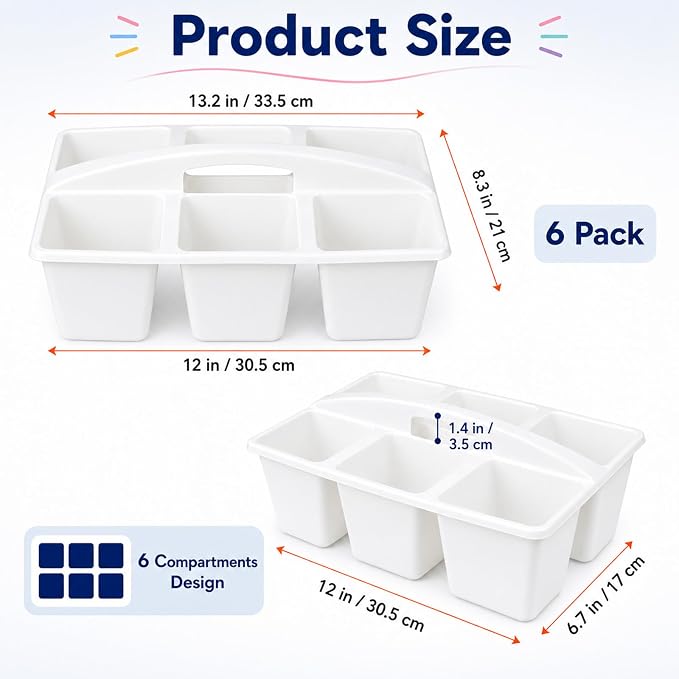 6 Pack Assorted Colors 6 Compartment Classroom Caddy with Handle Portable Plastic Storage Classroom Caddies Organizer for Classrooms Supply Teacher Office Table Desk(White)