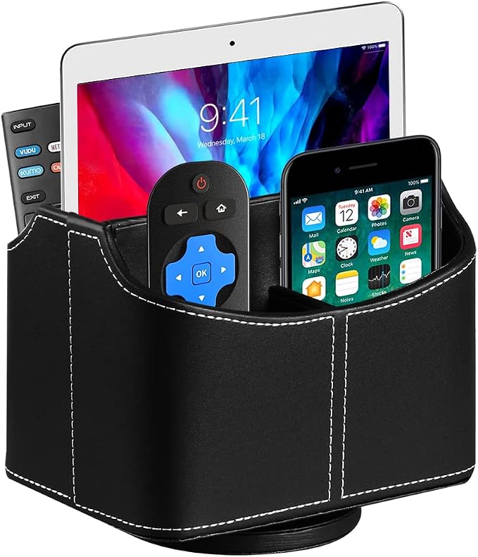 Leather 360° Spinning Remote Control Holder, Pencil Pen Holder for Desk Table Nightstand, TV Remote Caddy Organizer, Black Office Decor and Accessories, Storage Box for Phone,Media Player Controllers | Nightstand Organizer Storage Box with 5 Compartmen...