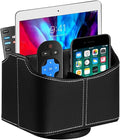Leather 360° Spinning Remote Control Holder, Pencil Pen Holder for Desk Table Nightstand, TV Remote Caddy Organizer, Black Office Decor and Accessories, Storage Box for Phone,Media Player Controllers | Nightstand Organizer Storage Box with 5 Compartmen...