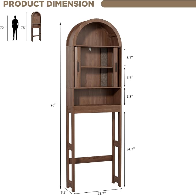Arched Over The Toilet Storage Cabinet, Walnut Freestanding Bathroom Organizer with Sliding Door, Adjustable Shelf & Anti-Tip Device for Bathroom, Laundry