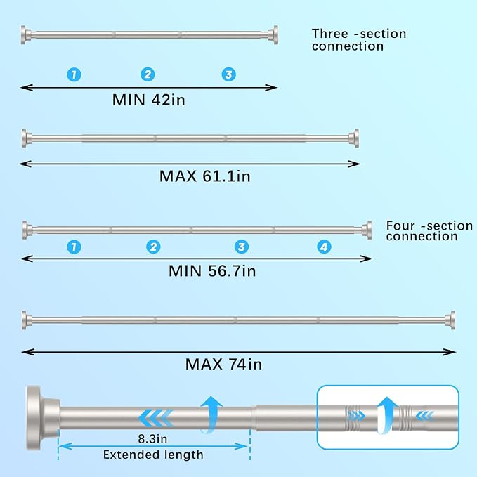 AIZESI Brushed Nickel Shower Curtain Rod, Adjustable 42-74 Inch Tension Shower Curtain Rod, 1" Diameter Shower Rod No Drilling, Anti-Slip, Premium Stainless Steel Anti-Rust