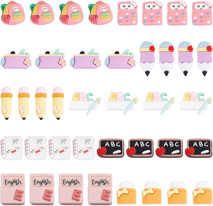 SUNNYCLUE 100Pcs 10 Styles School Cabochons Resin Charms Back to School Supplies Pencil Eraser Blackboard Ruler 3D Cabochons for Embellishments Flat Back Scrapbooking Hair Clips DIY Crafts for Adult