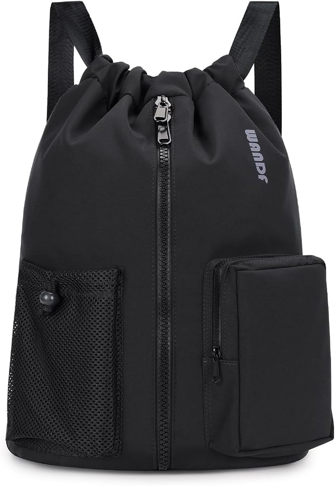 WANDF Drawstring Backpack with Shoe Compartment, Sports Gym Bag | Multi-Pocket Storage, Water-Resistant Fabric, Cinch String Bag