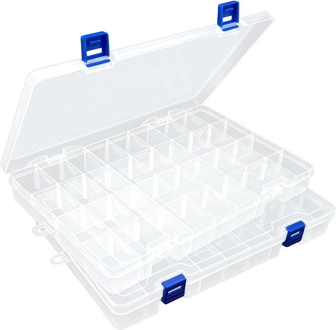 DUOFIRE Plastic Organizer Container Storage Box Adjustable Divider Removable Grid Compartment for Jewelry Beads Earring Container Tool Fishing Hook Small Accessories(34 Grids, White X 2 Pack)