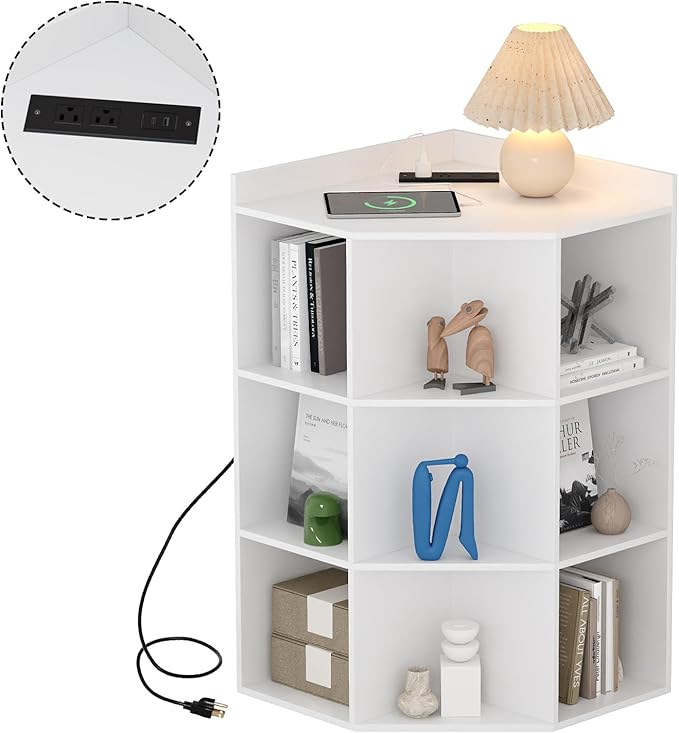 ALISENED 9 Cubes White Corner Cabinet, Corners Cube Shelf with USB Ports and Outlets, Toy Corners Storage for Small Space, Wooden Cubby Corner Bookshelf for Living Room, Bedroom, Dining Room, Kitchen