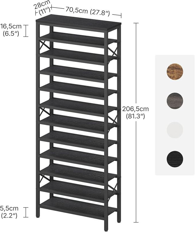 YATINEY 12-Tier Tall Shoe Rack Organizer, Wooden Shoe Storage for Closet Holds 48 Pairs, Sturdy Shoe Shelf with X-Shaped Metal Support, for Entryway, Bedroom, Black SS212BB
