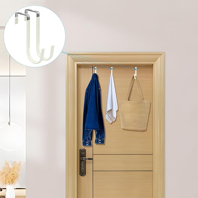 FYY Over the Door Hooks, Single-Hanger 4 Pack, Fits Doors 1 3/8" Beige | Heavy Duty Metal, Hold 20lbs, Rubber-Coated, No-Drilling, for Bathroom Dorm, Hanging Towels Clothes Hats Bags Coats Wreaths