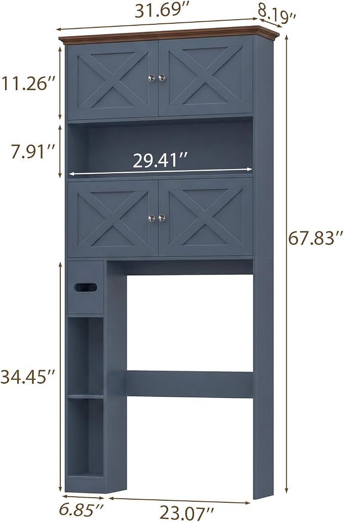 Halitaa Over The Toilet Storage Cabinet with Doors & Paper Holder, Blue | Halitaa Farmhouse Toilet Shelf Home Space Saver with 4 Barn Doors & Toilet Paper Holder Stand for Restroom, Bathroom, Laundry