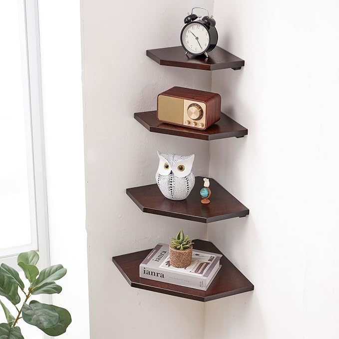 Corner Wall Shelf, Solid Oak Wood White Floating Corner Shelf Organizer with Wire Hole Small Plant Display for Kitchen Bedroom, Dark Walnut