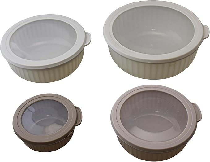 Set of 4 BPA-Free Round Food Storage Containers Vented Lids Assorted Sizes, Microwave & Freezer Safe Nesting Design for Leftovers Meal Prep Fridge Organization Dry Grains (Ivory)