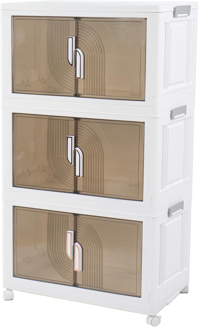 Kozyard Foldable Storage Bins with Lids Stackable Storage Bins with Doors and Wheels Magnetic Dual-Opening Doors Storage Containers for Bedroom, Living Room, Closet, Laundry (White-3Pack)